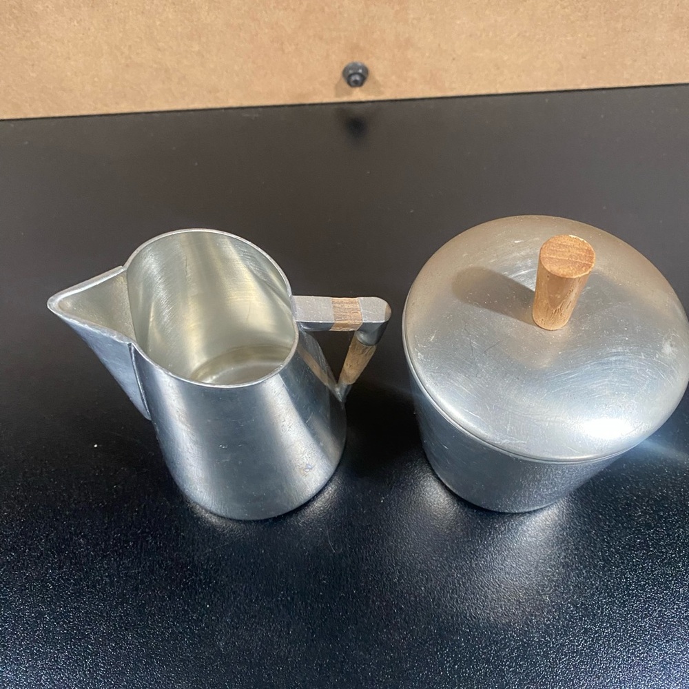 Mid Century Modern Royal Holland KDM Daalderop Pewter & Teak Sugar and Creamer - Picture 10 of 11